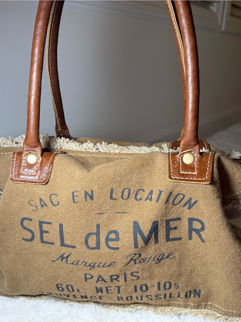 Sel De Mer Myra Bag Tan Canvas Tote with Brown Leather Handles